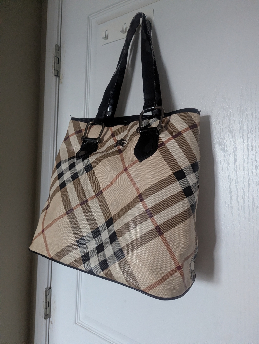 Pre-owned Classic Plaid Tote Bag in Beige with Black Trim